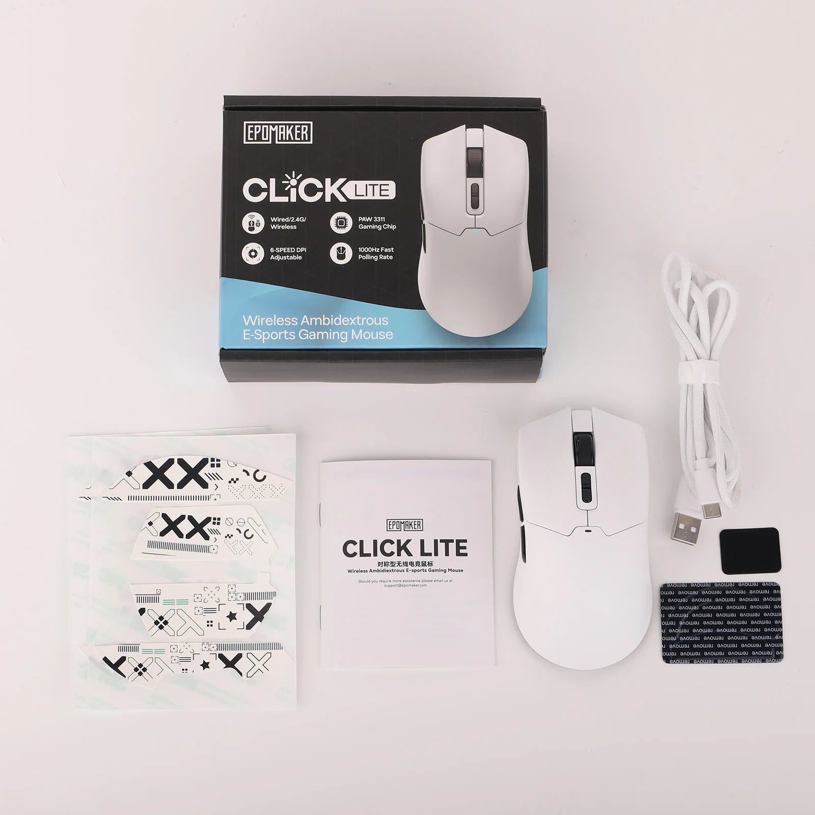 EPOMAKER Click Lite Tri-mode Wireless Ergonomic Contours Gaming Mouse with PAW3311 Sensor & 800–24 000 DPI for Gaming