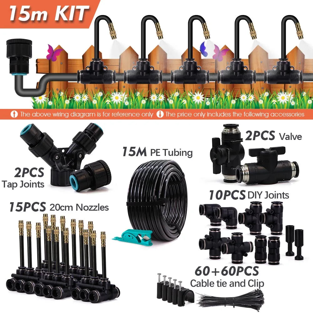 15m garden irrigation system kit with nozzles, tubing, valve, and DIY connectors