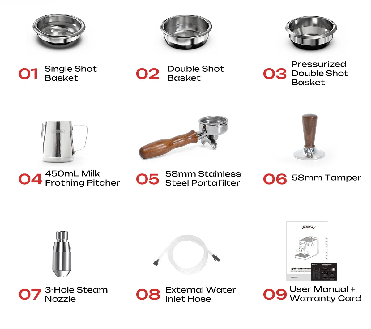 HiBrew espresso machine accessory kit including 58mm stainless steel portafilter, tamper, and milk frothing pitcher.