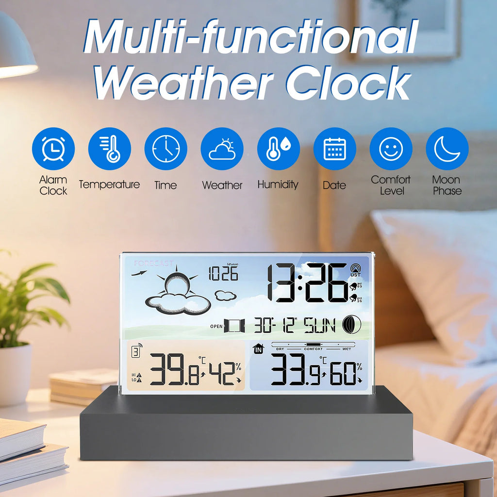 Indoor/Outdoor Weather Station With Alarm Clock – Accurate Thermometer, Hygrometer & 7-Day Forecast Calendar, For Desktop