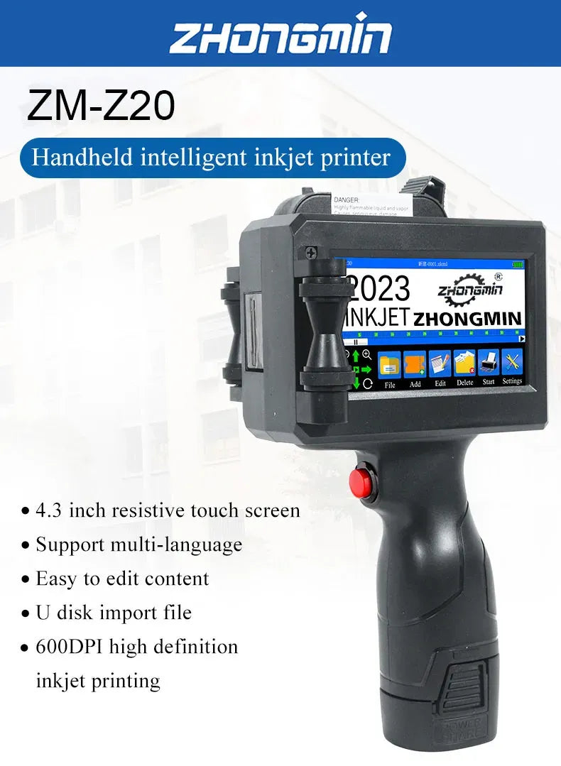 Handheld inkjet printer with black body, touchscreen, and red power button