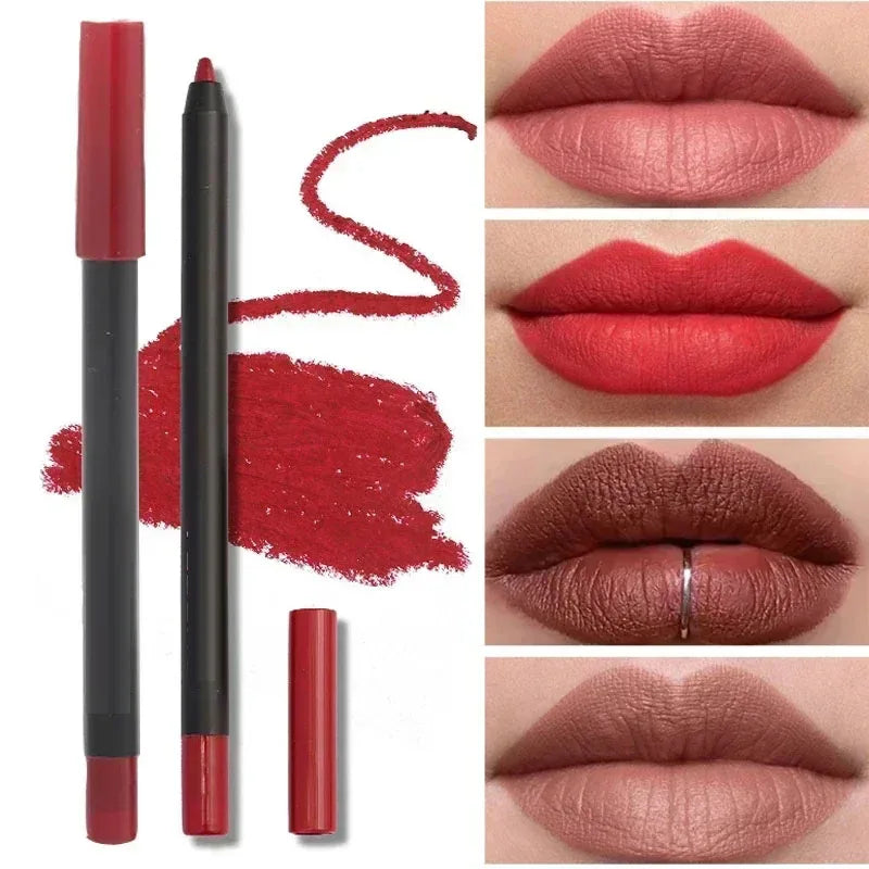 Matte nude and red lip liner pencil set for long-lasting, waterproof, smooth, and non-stick lip makeup application.