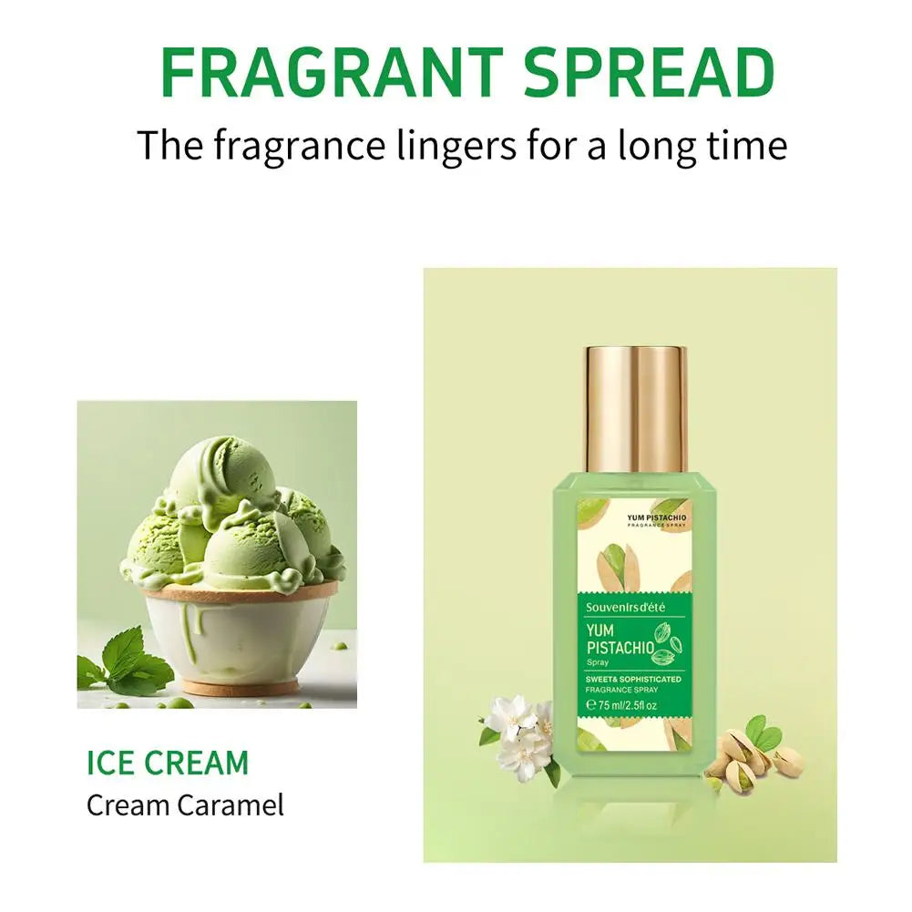 Tidesmit Sweet Pistachio Ice Cream fragrance spray for women, a long-lasting warm gourmand scent for daily wear.