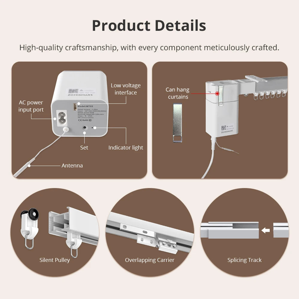Matter Thread Smart Electric Curtain Motor for Automated Home Track Systems Tidesmit