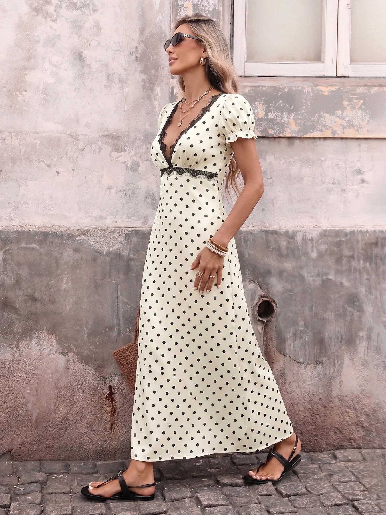 Elegant Dot Print Lace Backless Women Dress Fashion V-neck Puff Sleeve Bandage Maxi Dress 2026 Summer Female Party Holiday Dress