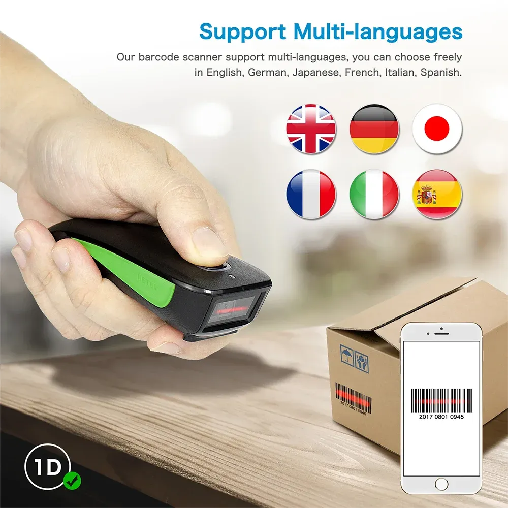 Handheld wireless 2D barcode scanner with green stripe scanning a box label