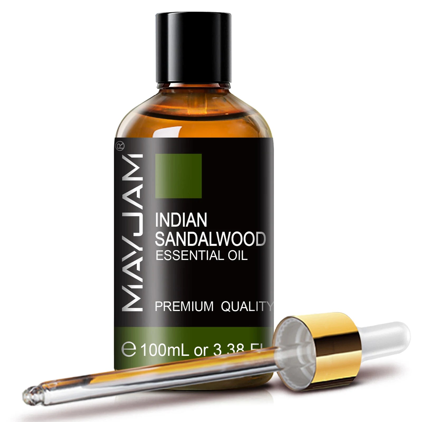 Indian sandalwood essential oil, 100ml amber bottle with dropper and black cap.