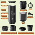 Black portable electric coffee maker kit with capsule and powder adapters, Type-C charging, and accessories.