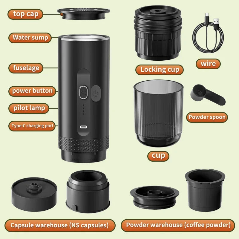 Portable black electric coffee maker parts kit with USB-C charger, capsules, and powder containers on light background.