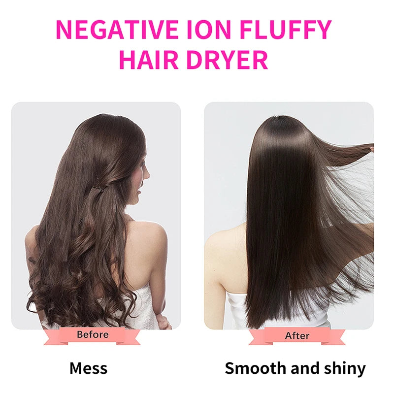 Negative ion hair dryer brush comparison showing frizzy hair before and smooth, shiny straight hair after using tool.