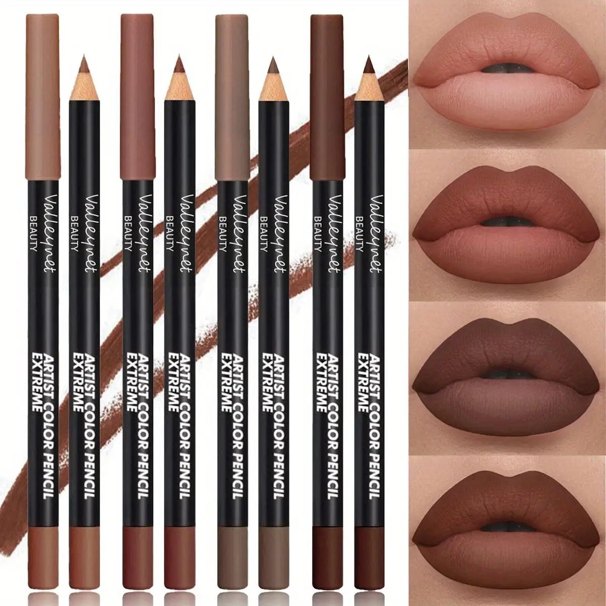 4-piece waterproof matte lip liner set in neutral brown shades with long-lasting creamy texture and lip swatch samples.