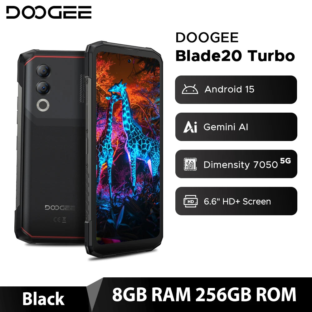 【Brand+】World Premiere DOOGEE Blade20 Turbo 5G Rugged Phone Android 15 Gemini Al 6.6'' HD+ 8GB 256GB AI Dual Camera