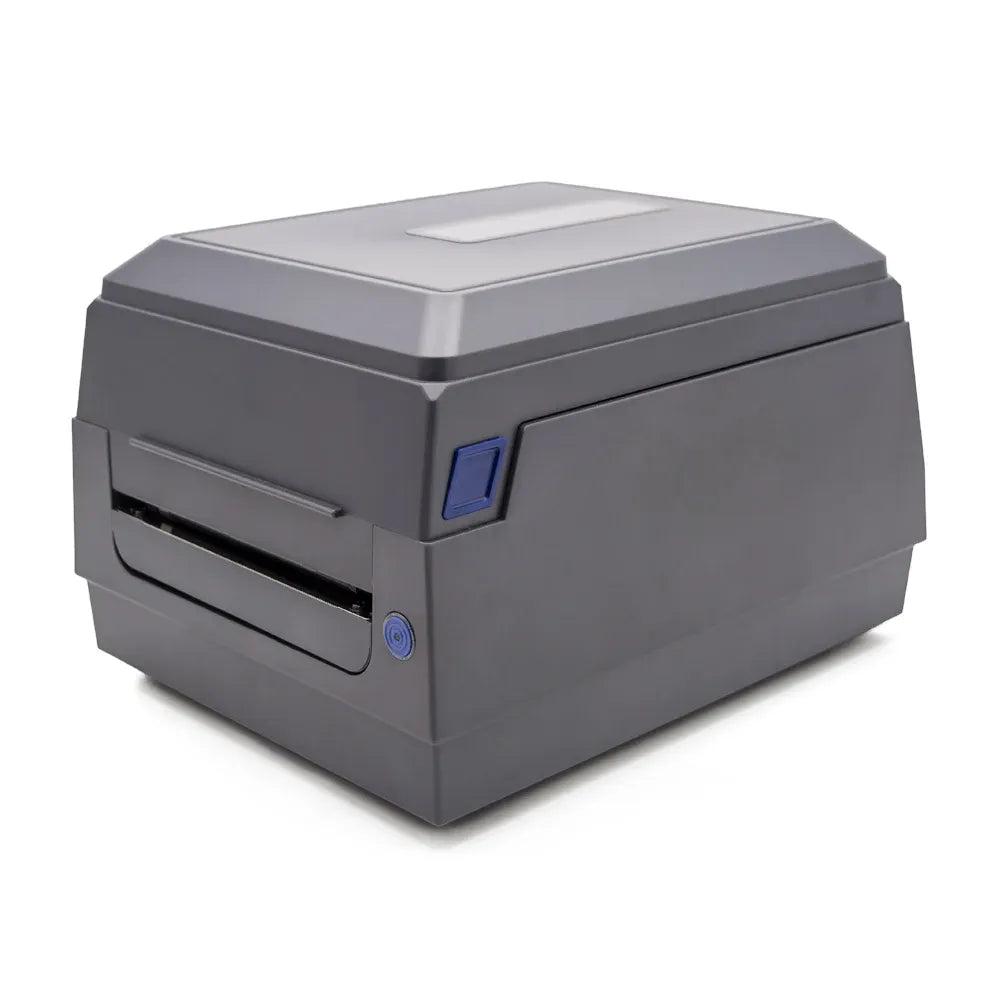 Gray desktop barcode label printer with front label slot and blue status button