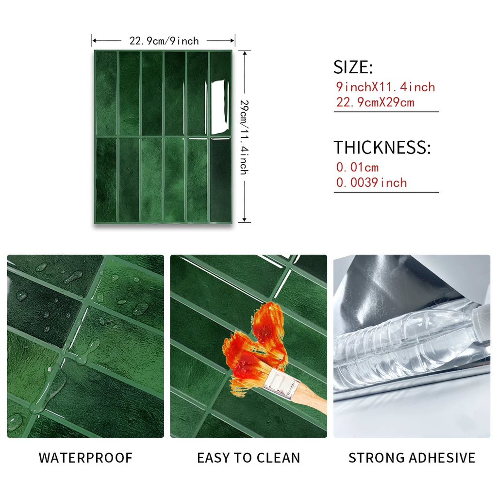 5-20 Pieces NewTile Sticker Self-adhesive Green Tile Backsplash Bathroom Wall Tile Sticker, Water and Mold Resistant, 22.9x29cm