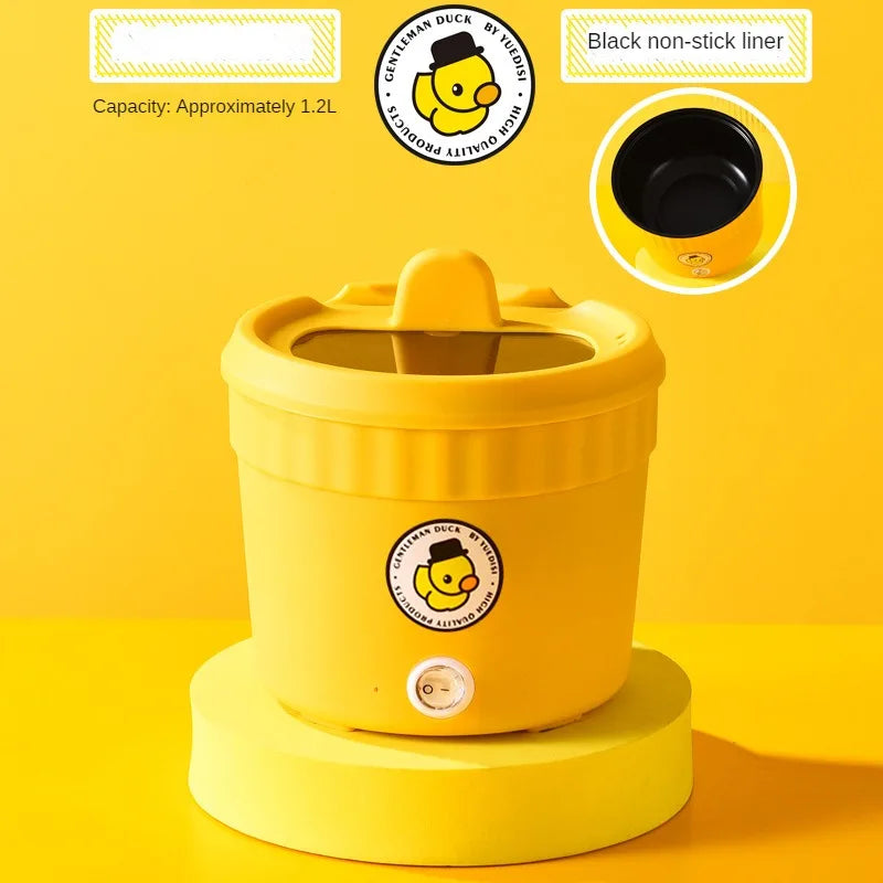 Mini electric noodles cooker, yellow portable hot pot with black inner non-stick liner