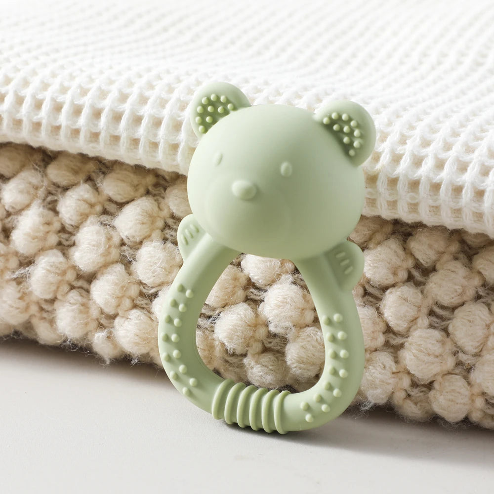 Baby Silicone Teether Bear Hand Bell Food Grade Teether Toys Rattle Baby 0-12 Months Silicone Sensory Toys Silicone Teething Toy
