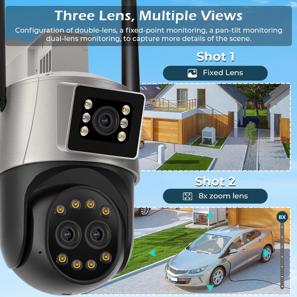 9MP 4.5K Three Lens WIfi  IP Camera Outdoor 8X Zoom Dual Screens AI Human Detect Auto Tracking  Home Security CCTV Surveillance