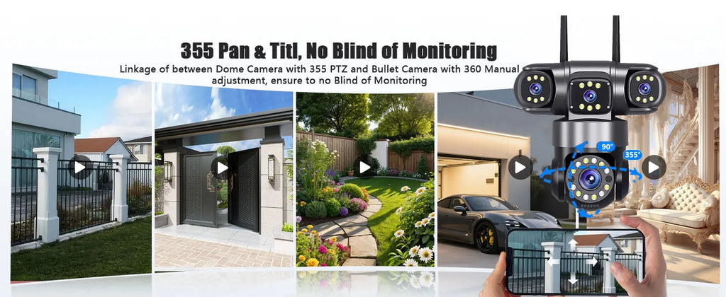 10K 20MP Home Security Outdoor WiFi Camera 4 Lens 4 Screen 360° 16X Zoom CCTV Wireless Surveillance PTZ Cam Security Protection