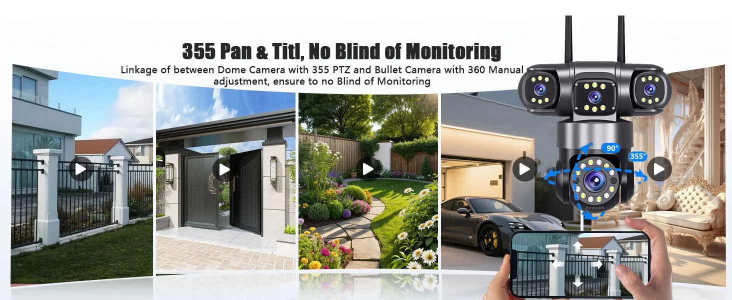 10K 20MP Home Security Outdoor WiFi Camera 4 Lens 4 Screen 360° 16X Zoom CCTV Wireless Surveillance PTZ Cam Security Protection