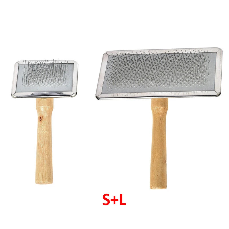 Small and large pet slicker brushes with wooden handles for removing dog and cat hair from pets and clothing.