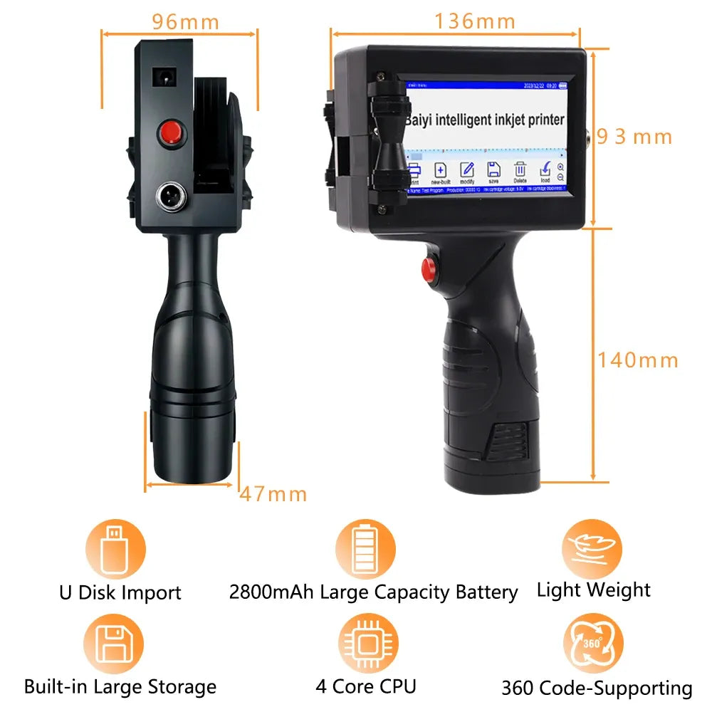 Handheld inkjet printer size diagram with battery capacity and lightweight design