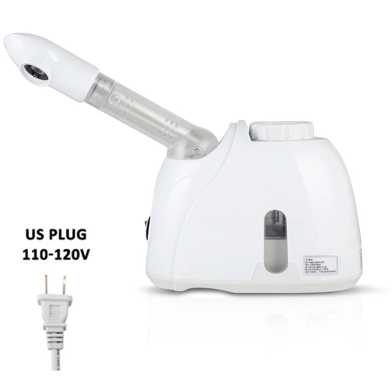 White facial steamer with adjustable nozzle, nano mist sprayer for home spa and skincare, includes US plug 110-120V.