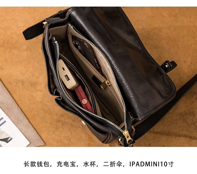 vintage designer handmade high-quality genuine leather men's messenger bag Outdoor casual cow leather work black shoulder bag