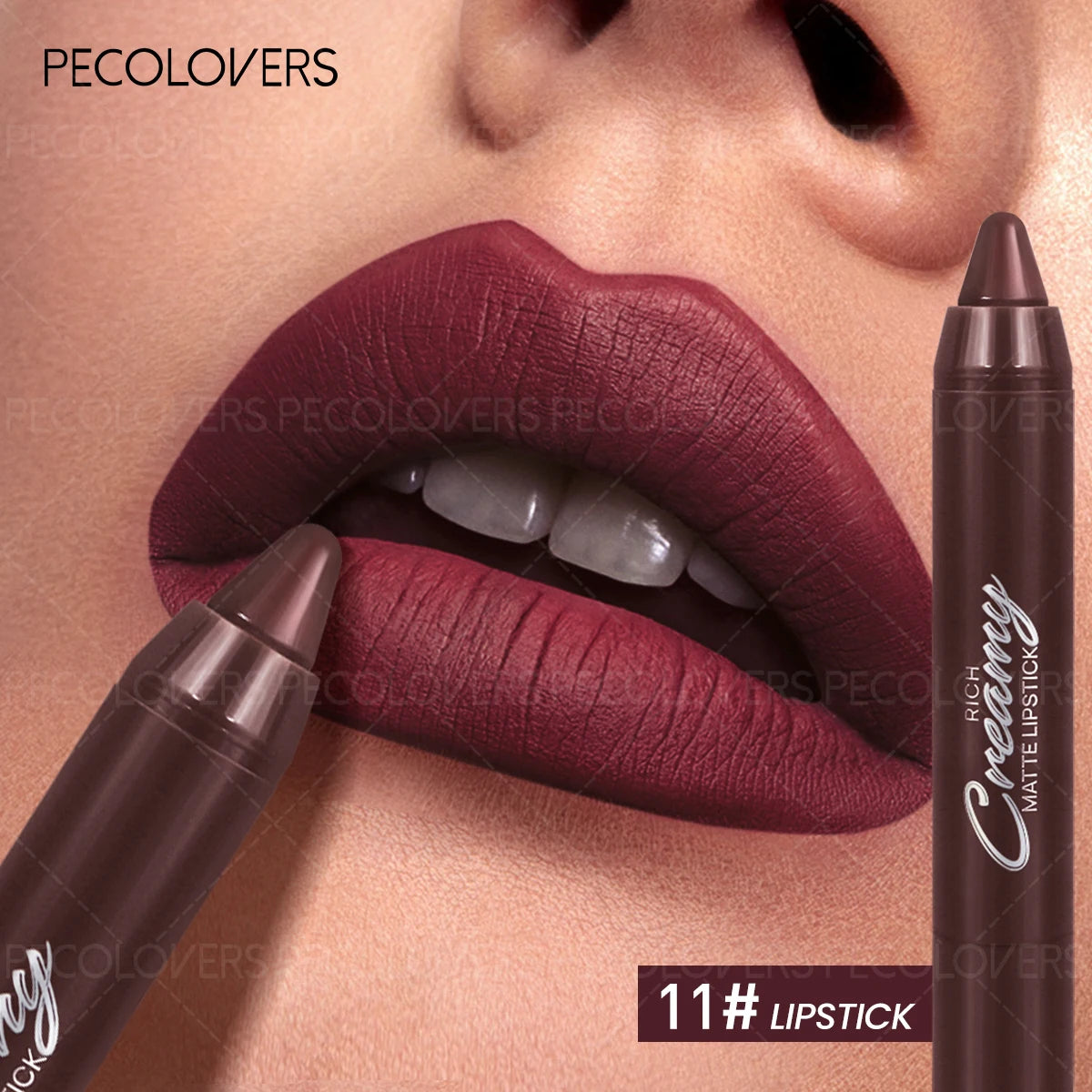 Soft matte dark berry lip crayon pencil for creamy, moisturizing lip makeup, displayed with model lips.