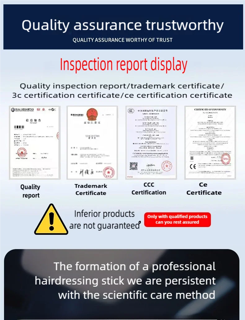 Quality inspection certificates and safety certifications for our 7-in-1 high-speed negative ion hair dryer set.