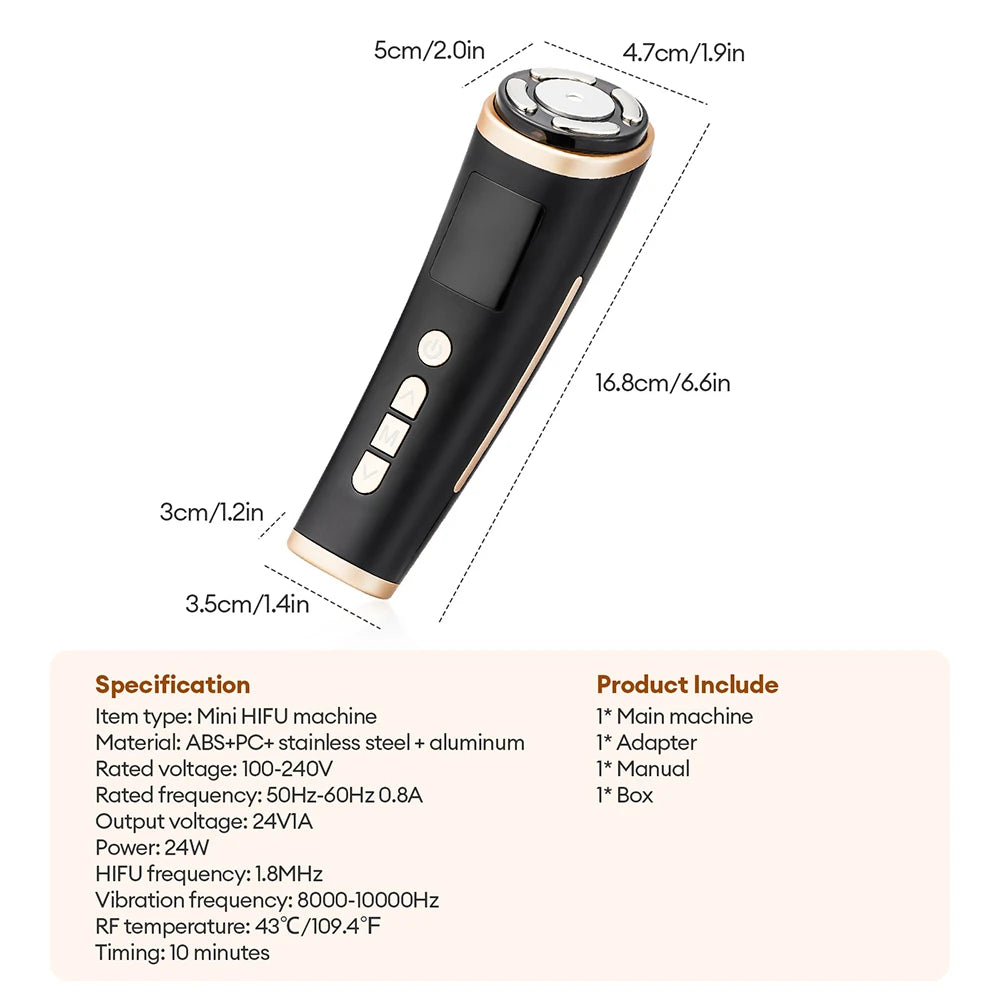 Black and gold mini HIFU facial lifting device with stainless steel head, control buttons, and dimension labels.