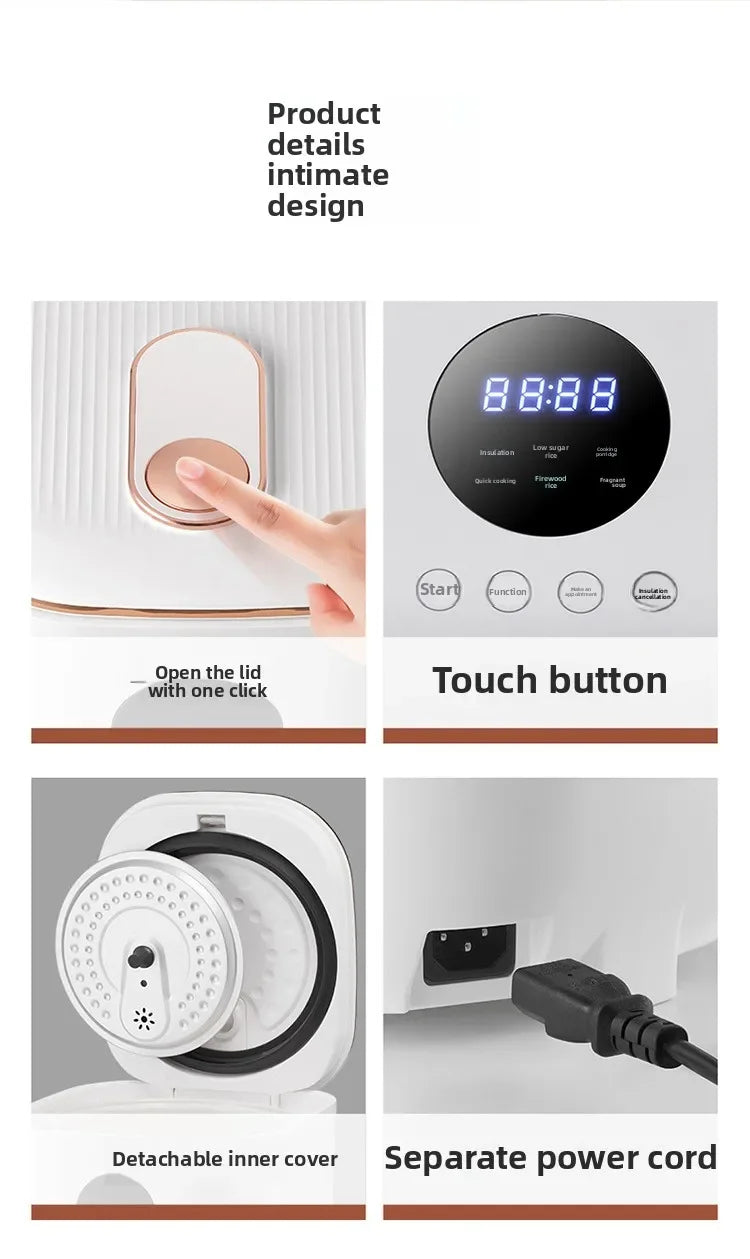 White electric rice cooker touch control panel with detachable inner cover and cord