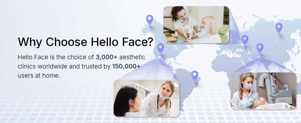 Hello Face aesthetic clinic treatment photos displayed over a world map with location markers for global clinical use.