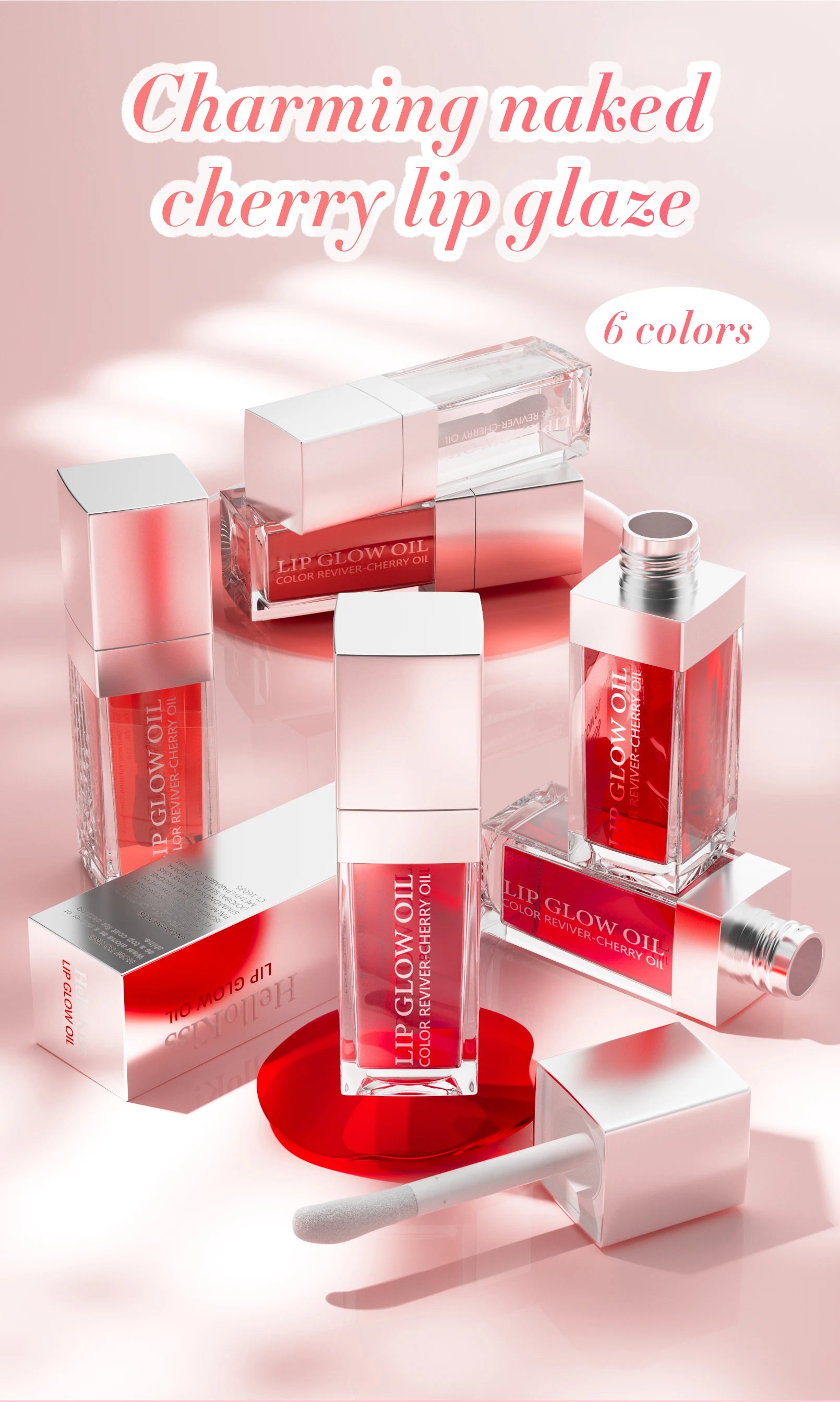 Crystal jelly moisturizing lip glow oil in cherry red. Plumping, tinted, high-shine makeup with applicator wand.