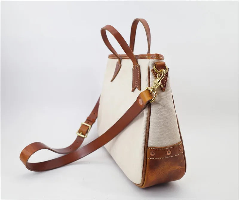 Simple designer handmade thick canvas cow leather men women's handbags outdoor daily work travel large-capacity messenger bag