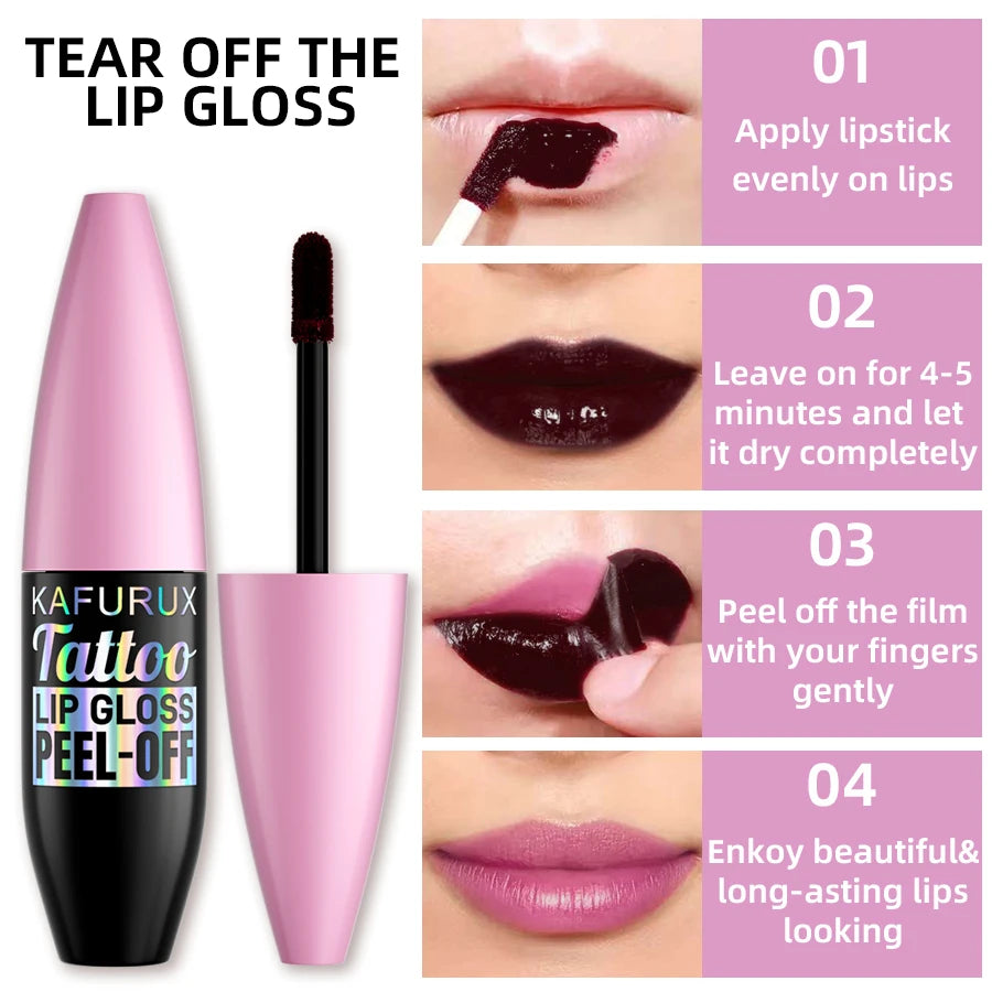 Kafurux long-lasting waterproof peel-off lip gloss stain application steps for a natural pink matte lip finish.