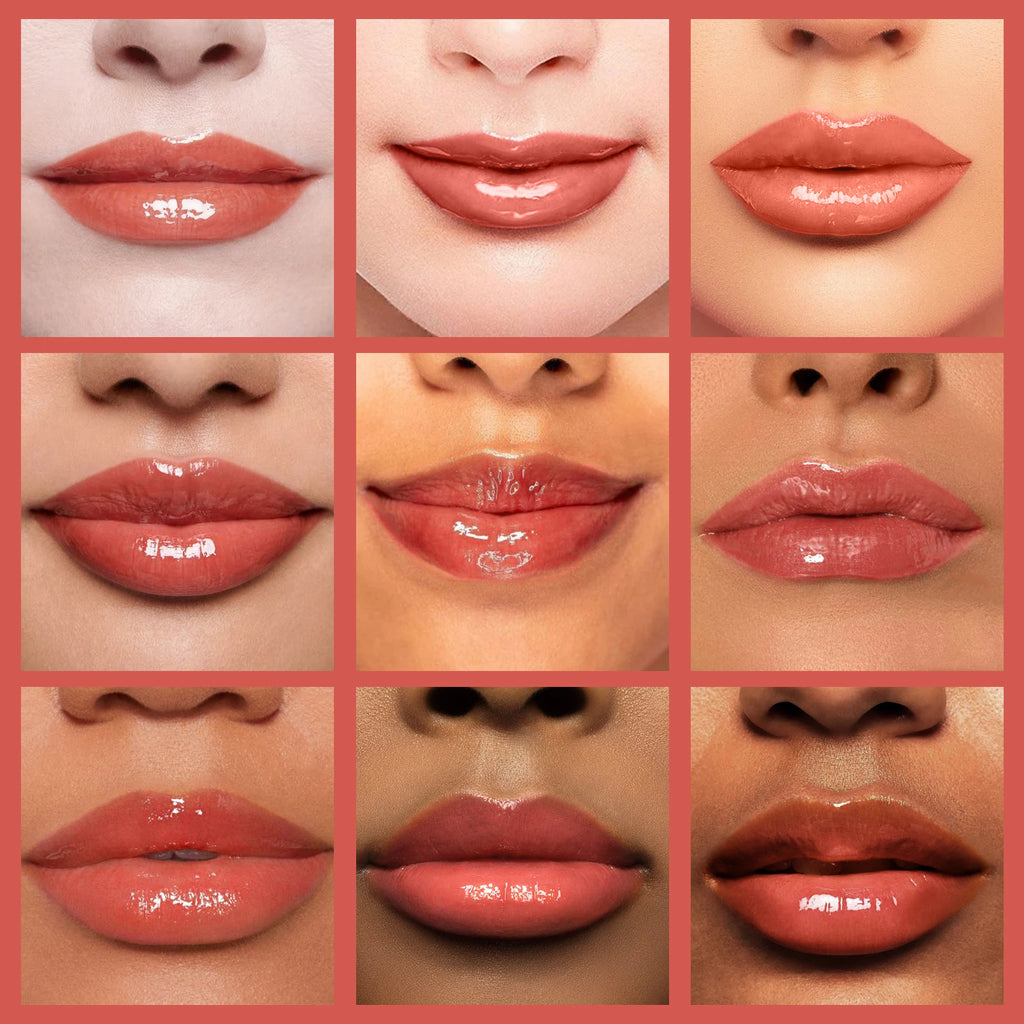 Crystal jelly moisturizing lip oil in various nude and pink shades, providing a high-shine, plumping glossy finish.