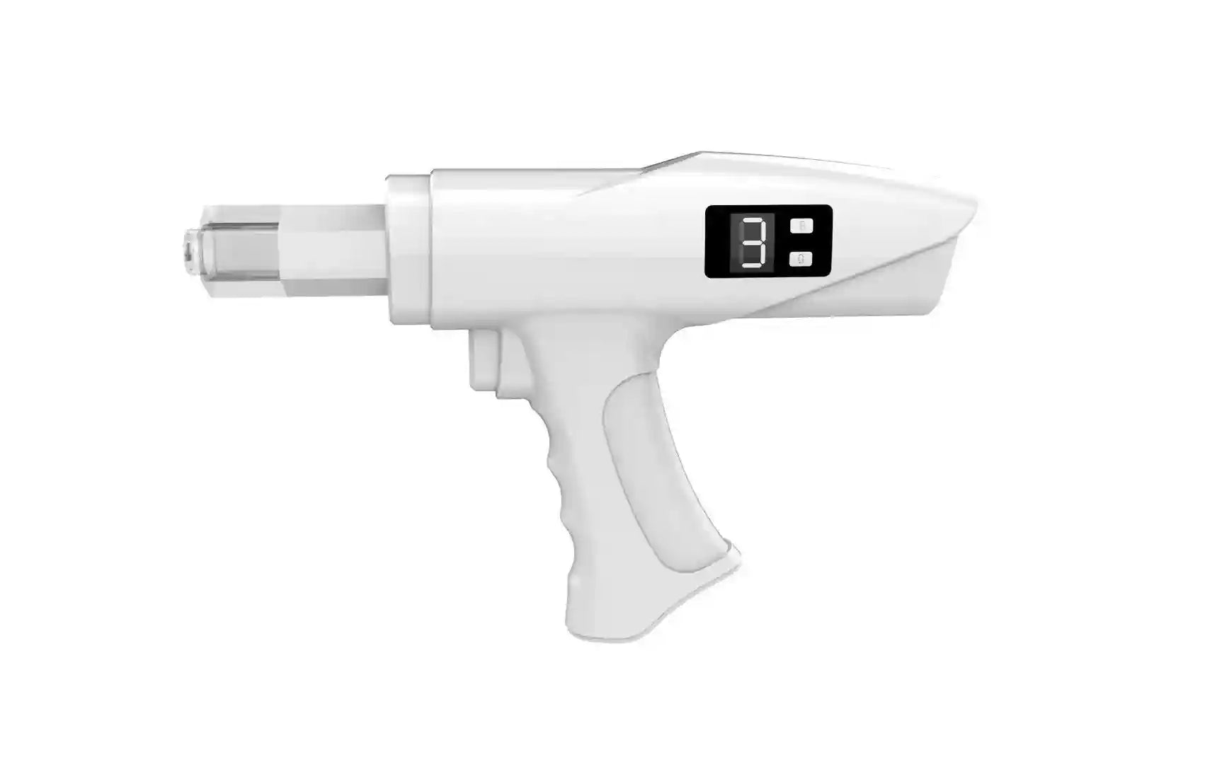 White nano water light gun for skincare with a digital display and ergonomic handle, side view.
