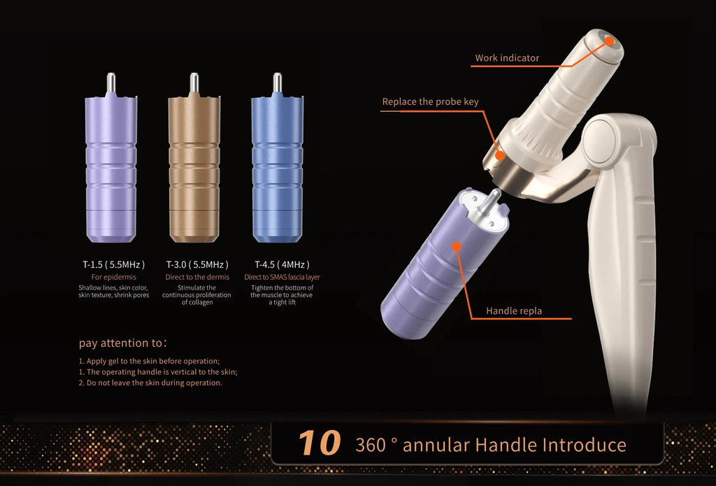 12D facial and body lift skin firming machine with interchangeable probes and ergonomic handle for anti-aging therapy.