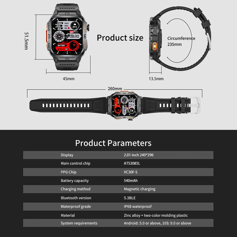 2026New Outdoor Military Men's Smartwatch, Equipped With GPS LED Lighting, Compass, Wireless Communication IP68 Waterproof Watch