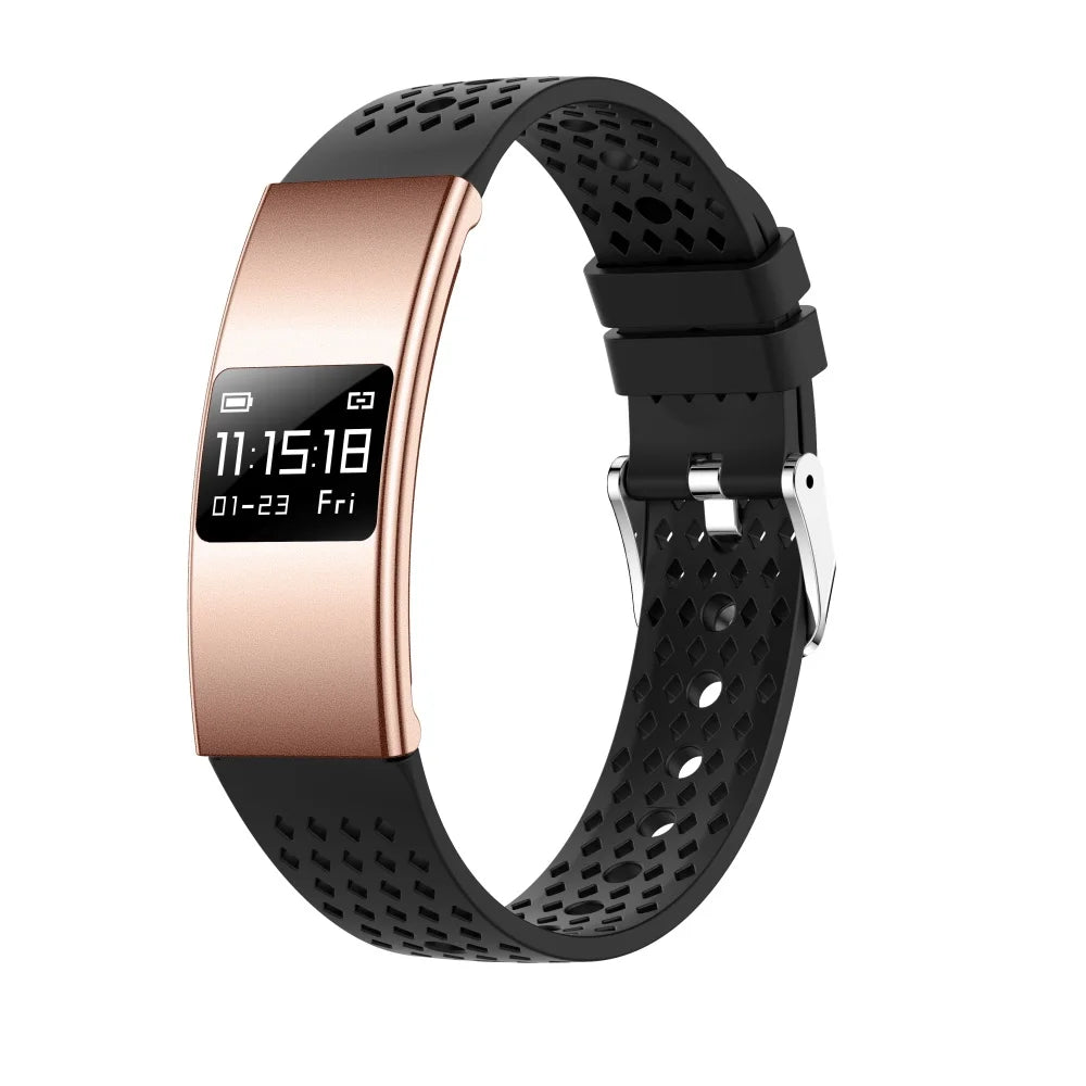Rose-gold ultra-thin smart bracelet with black silicone band and rectangular fitness display