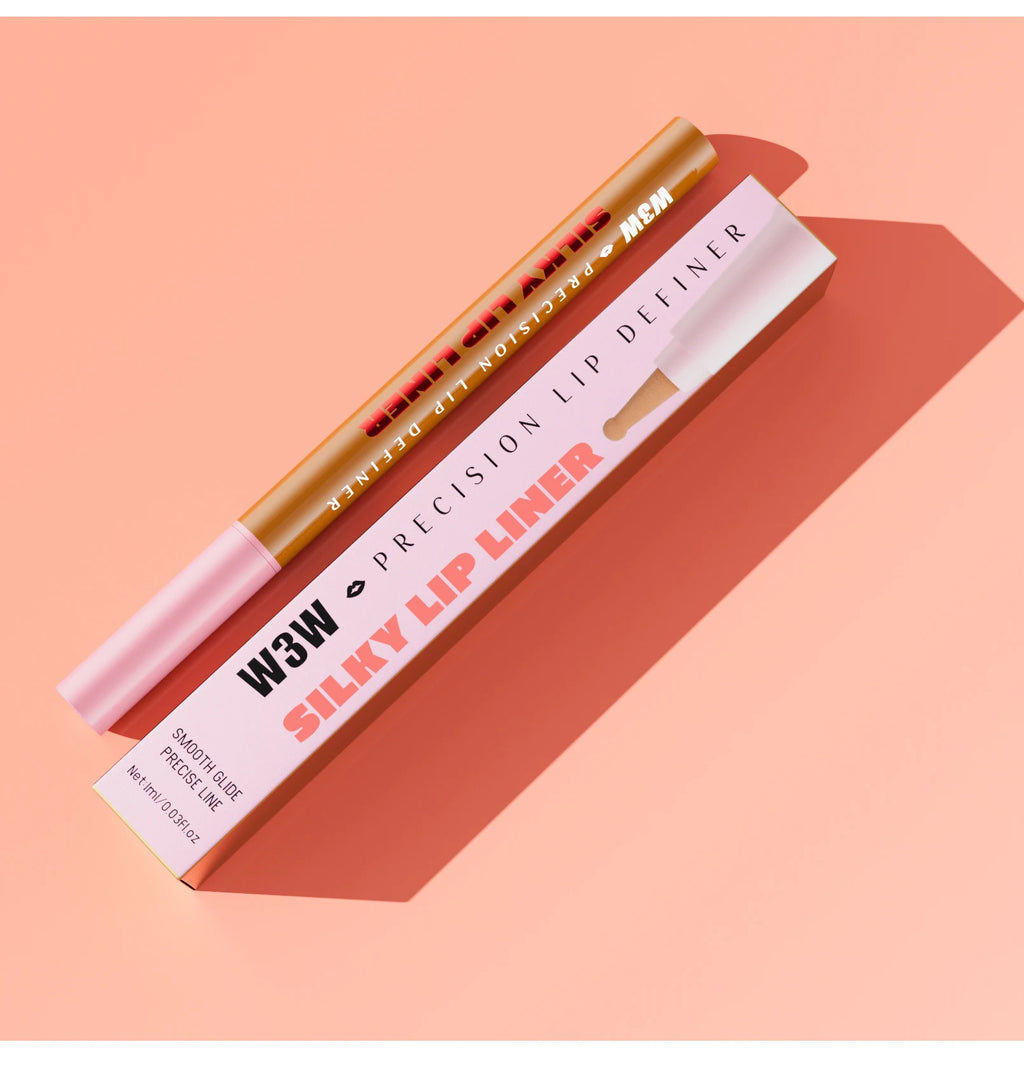 W3W Silky Lip Liner pencil and packaging box, waterproof liquid matte lip makeup in a natural brown shade.