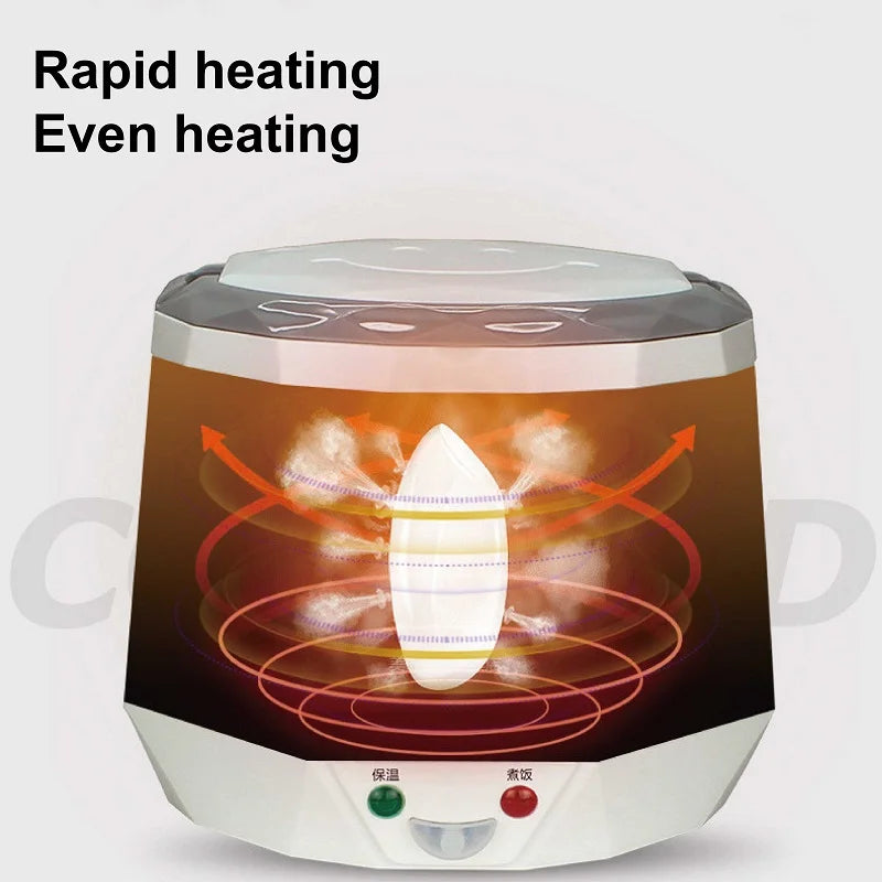 Portable 1.6L car rice cooker, white-and-lime body with heating airflow illustration