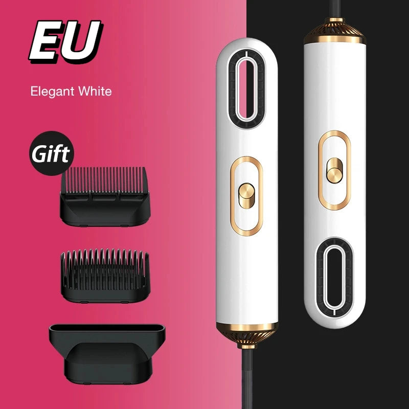 Elegant white high-speed ionic hair dryer with professional styling attachments and gold detailing for fast blow drying.