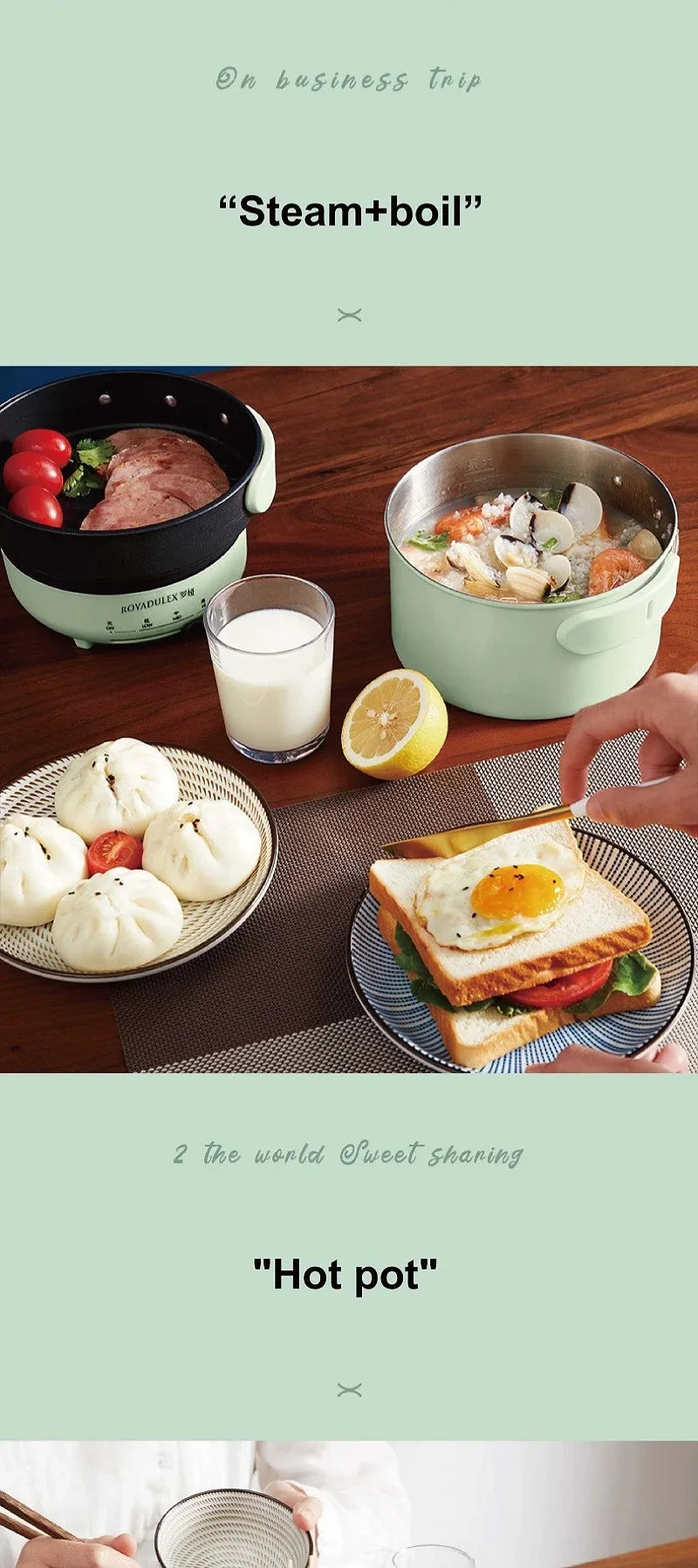 Mint green portable electric cooking pot with open top and black rim