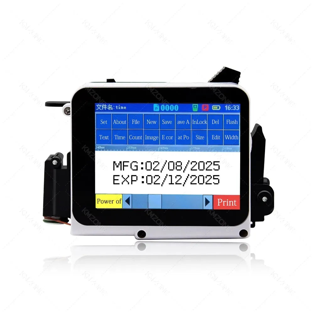 Mini handheld inkjet printer with front LCD screen showing print settings