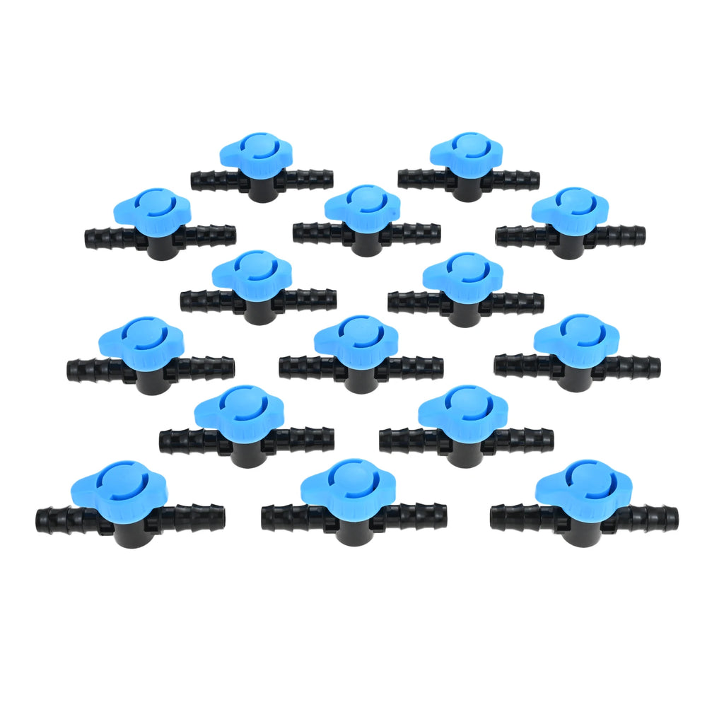 Pack of 15 plastic drip shut off valves with blue knobs and black barbed tubes ends