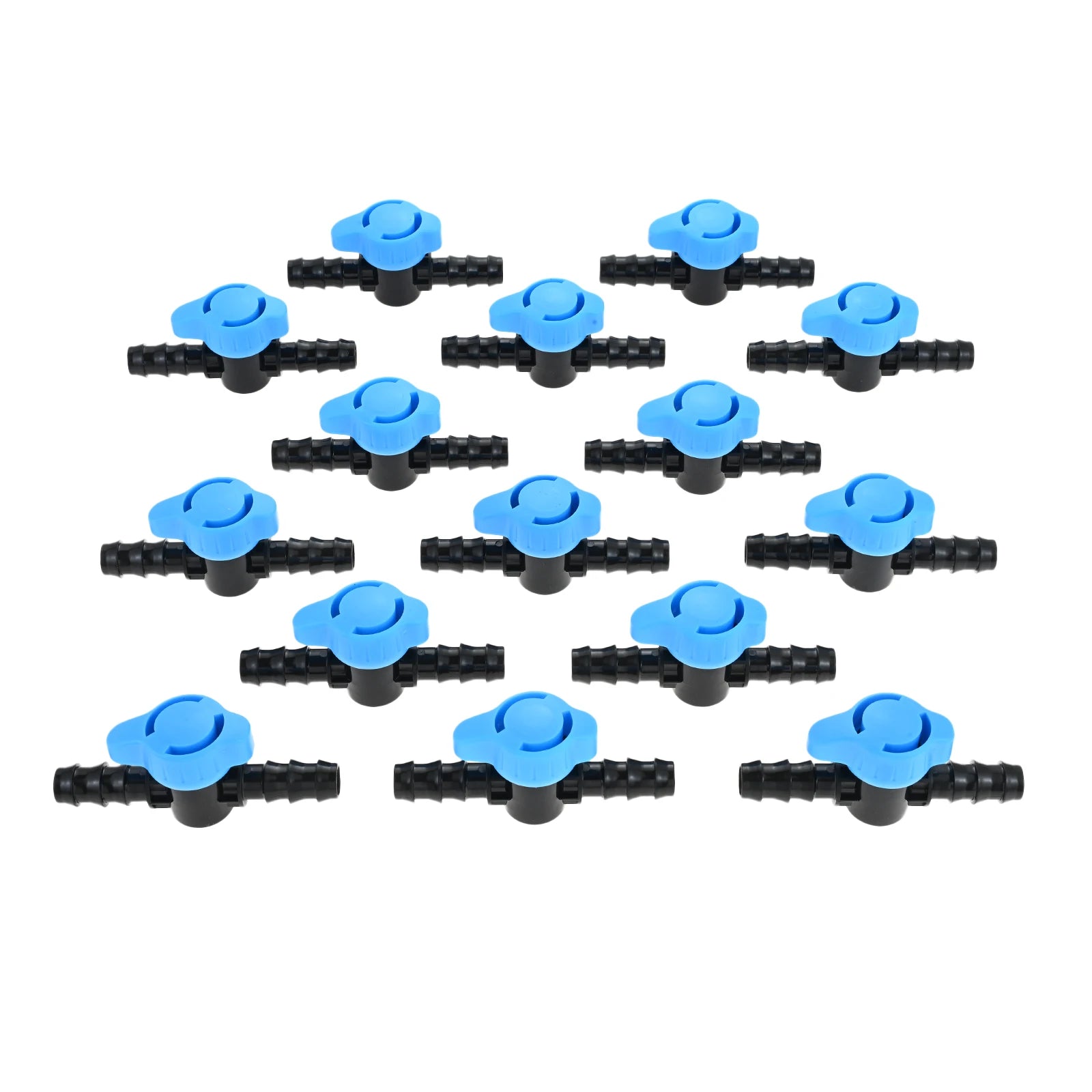 Pack of 15 plastic drip shut off valves with blue knobs and black barbed tubes ends