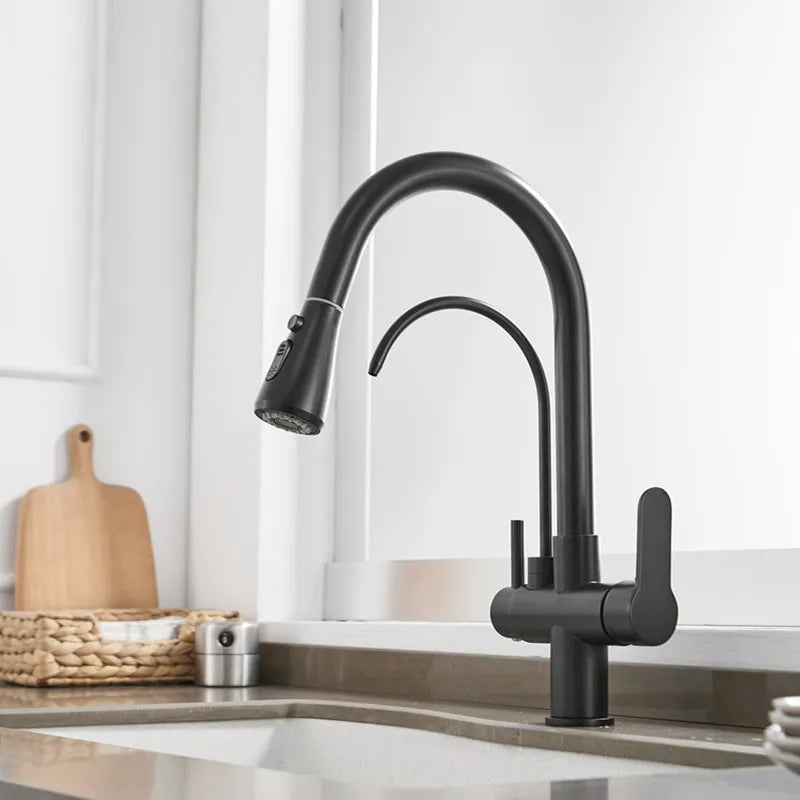 White Hot Cold Filter Kitchen Sink Faucets 3 Ways Pure Water Pull Out Kitchen Sink Mixer Tap Brass Filter Kitchen Sink Faucet