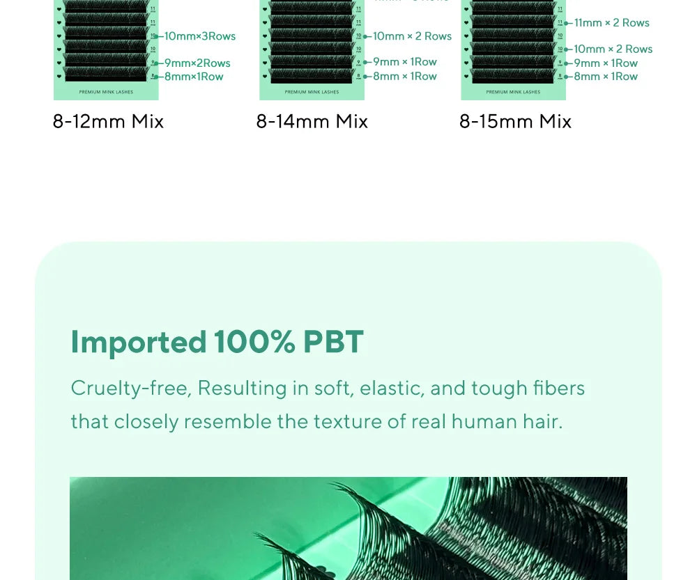 Three trays of black faux mink U-shaped premade lash fans with various length options on a light green background.