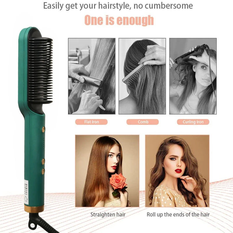 Green professional ceramic hair straightener brush for salon styling, straightening, and curling hair.